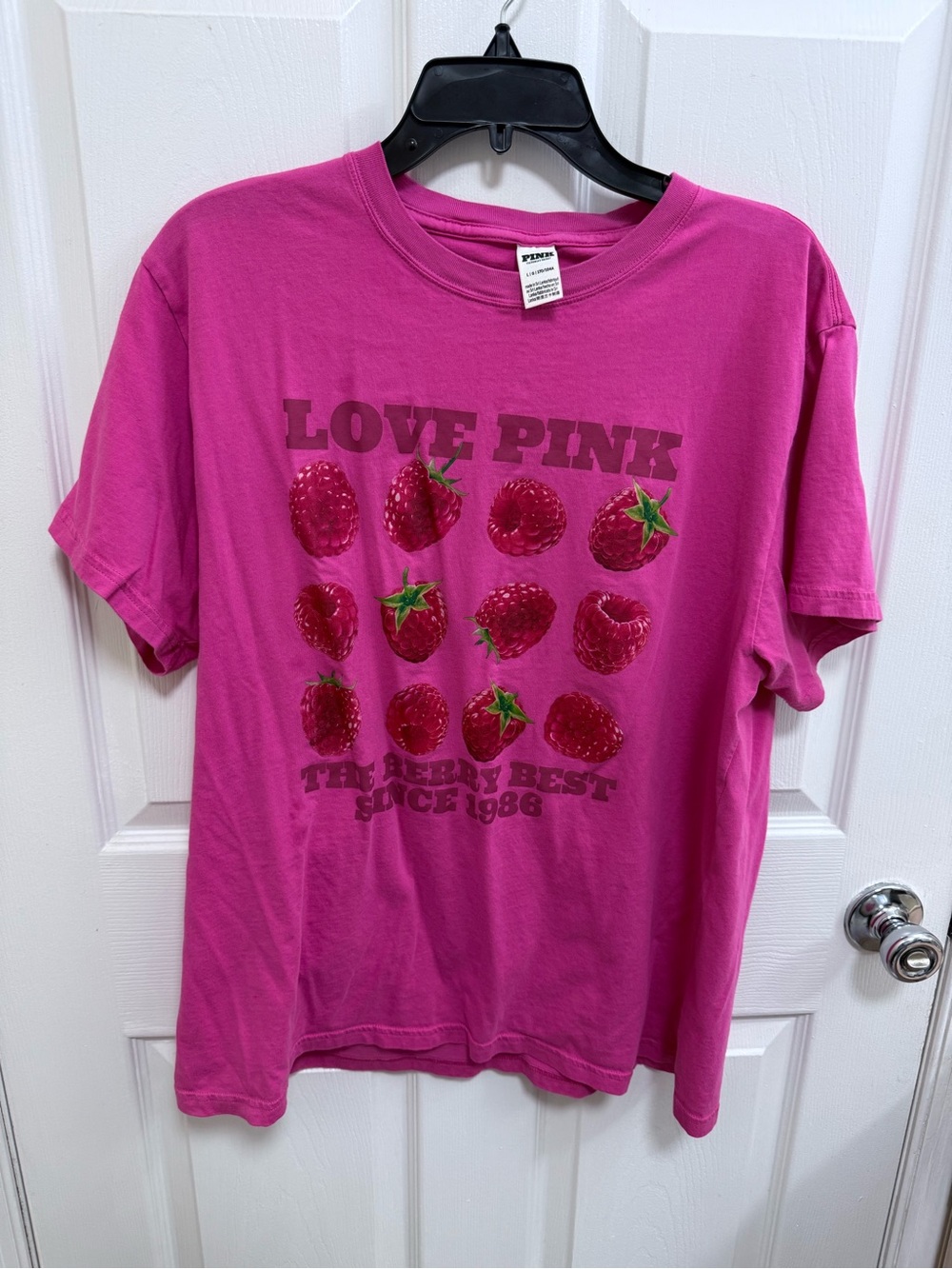 PINK Victoria's Secret Campus Cotton T-Shirt Love Pink Strawberry Tee, Size L